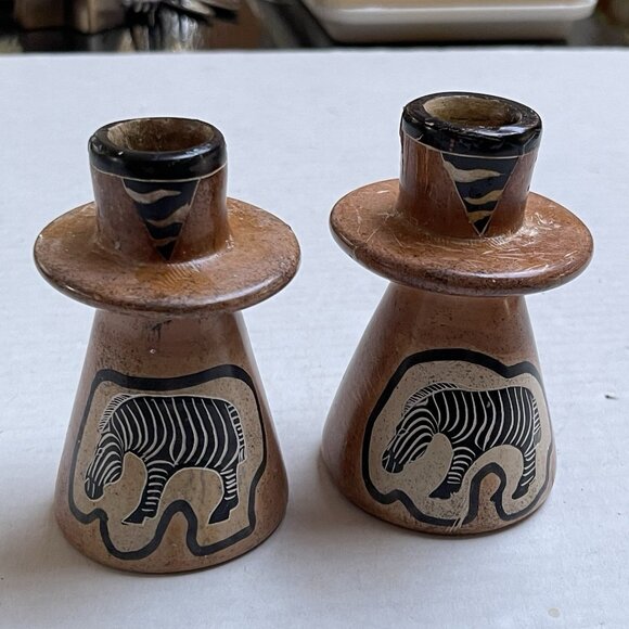 Kenya Handmade Soapstone 2 Candle Holders Zebra Theme Vintage Flawed Scratched - Picture 6 of 6